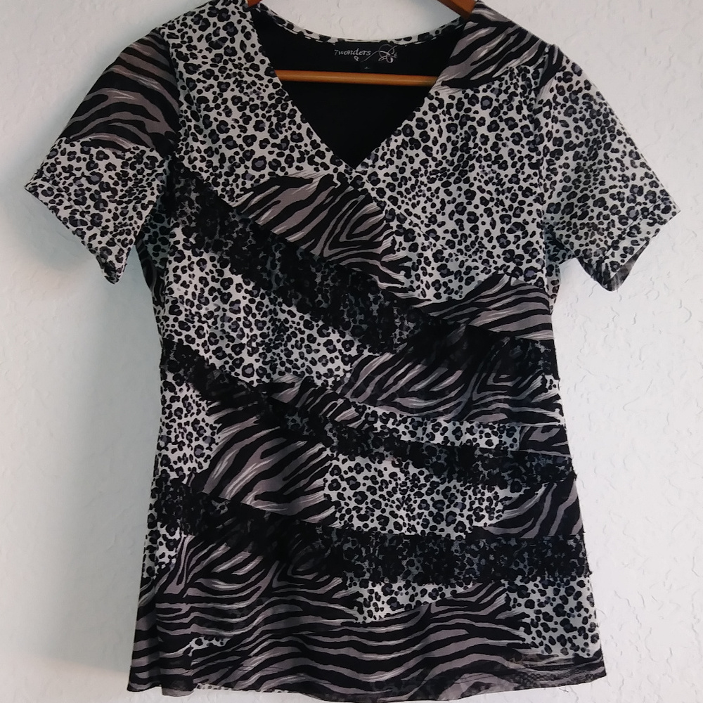 Animal Print With Black Floral Lace V-Neck Size L